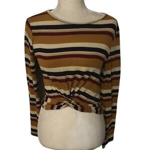 Gaze Striped Multicolor Tie Front Crop Sweater S Cozy Comfy Winter Fall Casual